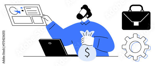 Businessperson holding a money bag and presenting a data dashboard, with a laptop, briefcase, and gear icon nearby. Ideal for finance, data management, productivity, business strategies, teamwork