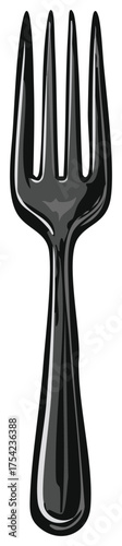 Stylized black fork with tines for eating food, kitchen dining utensils, cooking hardware, vector design, flat artwork