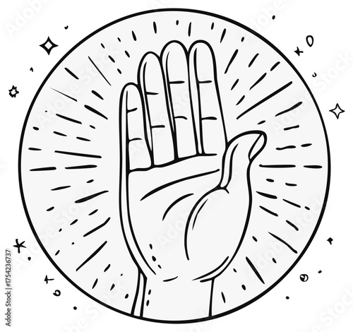 Mystical open hand gesture with radiating light rays and stars in a circular frame