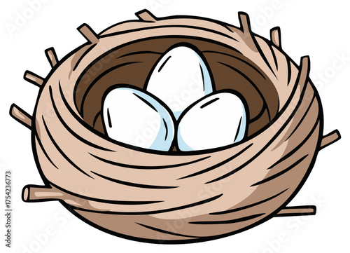 Cartoon bird nest with three white eggs nestled inside, an illustration of new life