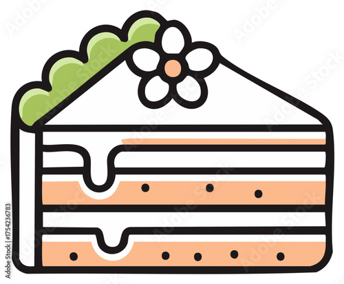 Slice of layered cake illustration with flower topping cartoon confection