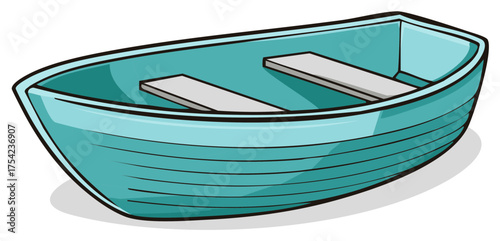 Cartoon illustration of an empty turquoise rowboat with two gray seats isolated.