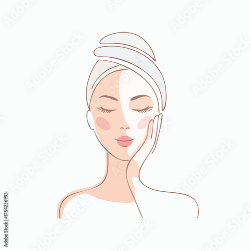 Woman with towel on head applying skincare product.