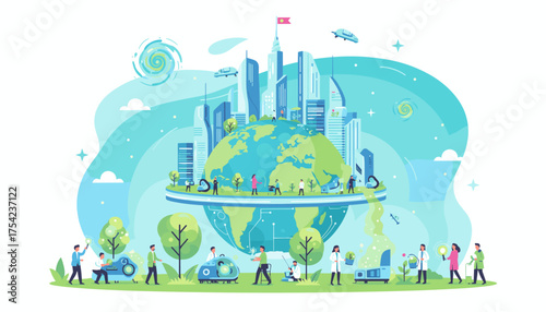 Futuristic eco-friendly city on planet Earth with people engaged in science and technology, showcasing sustainable urban development and environmental care with flying cars and green energy.