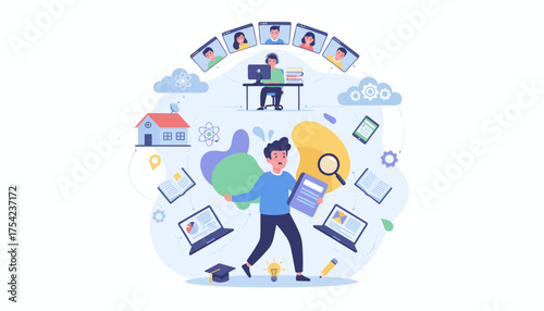 Engaging vector illustration of distance education, showcasing online courses and e-learning with students interacting digitally, perfect for educational technology and modern learning platforms.