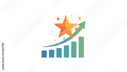 Abstract concept of success and growth, represented by a rising bar graph with a golden star and an upward arrow, symbolizing achievement and business progress on a clean white background.