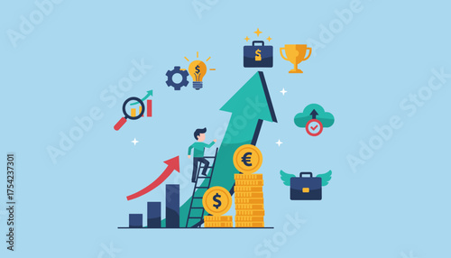 Ascending Career Growth: A Visual Metaphor of Climbing Ladders Towards Financial Success, Investment, and Business Achievements with Coins, Trophies, and Cloud Uploads