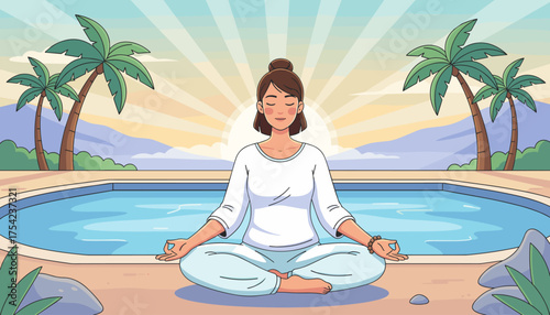 Serene Woman Meditating in Lotus Pose by Poolside with Palm Trees and Sunrise, Practicing Yoga for Inner Peace and Mindfulness