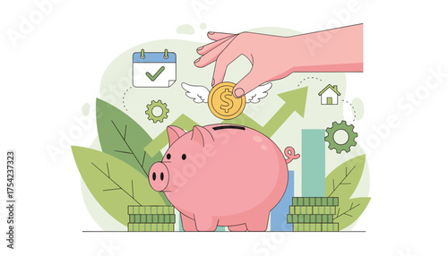 Woman's hand depositing a winged dollar coin into a pink piggy bank, symbolizing saving money and financial growth with charts, calendar, and house icons.