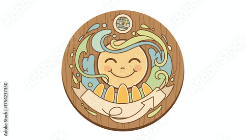 Charming Wooden Label Featuring a Joyful Sun Character Surrounded by Flowing Water and Greenery, Symbolizing Environmental Harmony and Positive Energy, Perfect for Eco-Friendly Brands