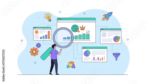 Digital Marketing Strategy and SEO Analysis Concept: A Person Examining Website Analytics, Charts, Graphs, and a Rocket Launching for Business Growth and Online Success