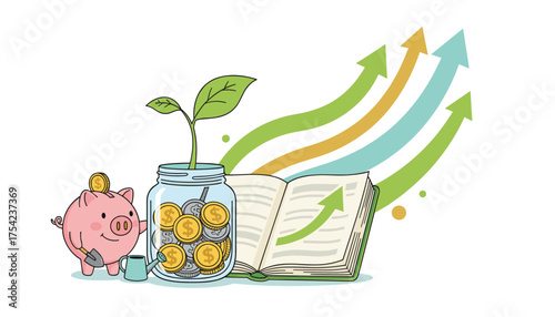 Financial Growth Concept: A Sprouting Plant in a Coin Jar Next to an Open Book and Upward Trending Arrows Symbolizing Investment and Business Success