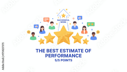 Best performance estimate with five star rating. Successful work and high quality service concept. People avatars giving positive feedback, reviews, and satisfaction scores.