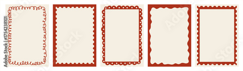 Retro whimsical Christmas card frames with looped, scalloped, and zigzag hand-drawn borders for dinner cards, invitations, tags, and holiday stationery. Vector illustration set.