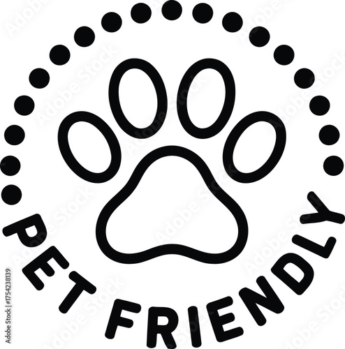 Pet Friendly Circular Symbol Featuring a Paw Print Design and a Dotted Circle Border Accompanied by the Text "Pet Friendly"