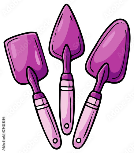 Three purple garden trowels illustration for planting small flowers and herbs in springtime, gardening tools