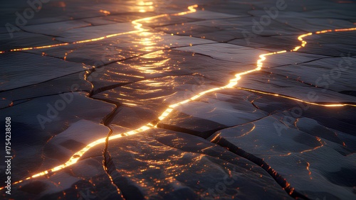 Molten golden lava glowing intensely flowing through cracks in dark fractured stone ground abstract concept of power heat and energy