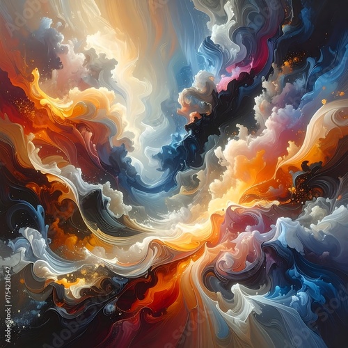 Abstract colorful swirling design resembling celestial clouds and dynamic liquid shapes