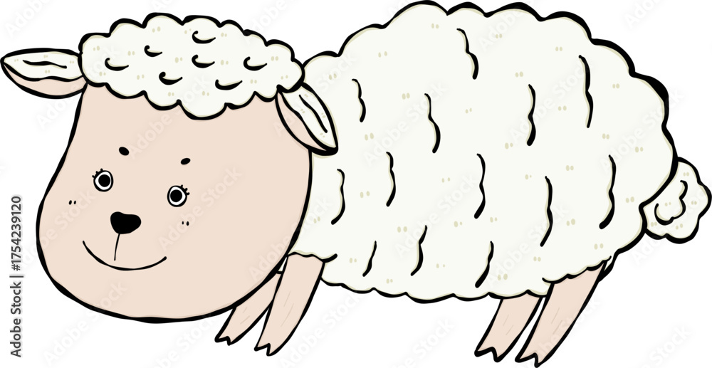 Fototapeta premium Cute white sheep with funny face standing hand drawing flat design cartoon