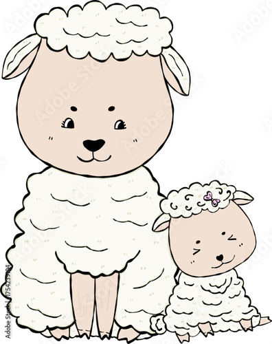 Cute mother  sheep and shy lamb sitting  together with mother-child bond flat design cartoon