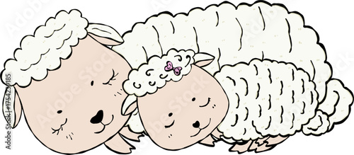 Lovely mother and daughter sheep sleeping calm together with mother-child bond flat design cartoon