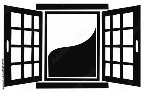 Window with Open Shutters Showing Black Silhouette Inside Open Window Frame