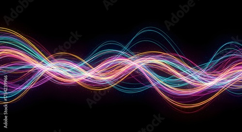 Abstract colorful swirling lines, glowing and layered against a dark background