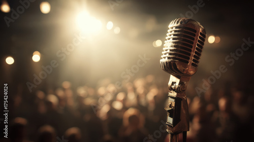 Vintage microphone ready for a performance on stage with a blurred audience. 