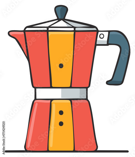 Vintage coffee maker with red and yellow details on a white background