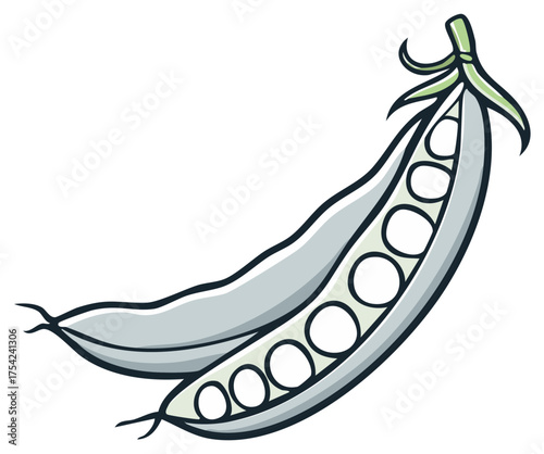Fresh green pea pods, one opened to show healthy peas inside, simple cartoon illustration