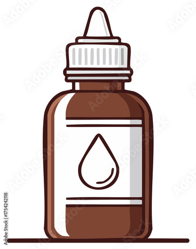 Brown Glass Dropper Bottle with White Label and Cap, Stylized Illustration