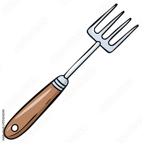 Cartoon illustration of a gardening fork tool on white background.