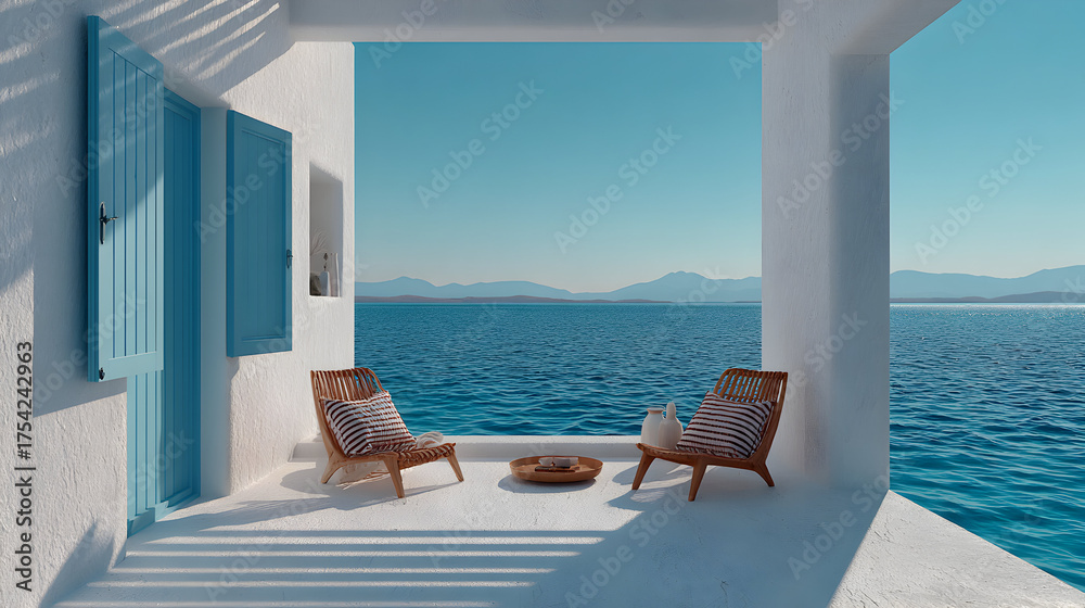 Fototapeta premium Serene Balcony View in Greece: White Architecture and Turquoise Sea.