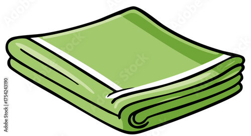 Folded bright green towel with white stripe and thick black outline illustration