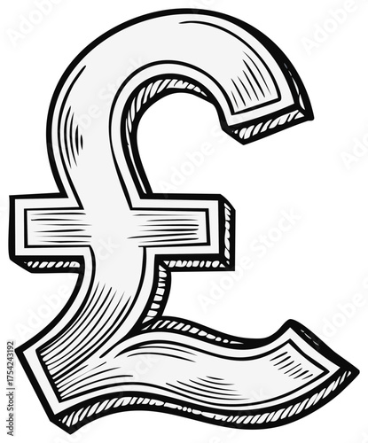 Monochrome hand drawn British Pound Sterling currency symbol representing finance and economy