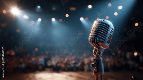 Vintage microphone ready for a performance on stage with a blurred audience. 