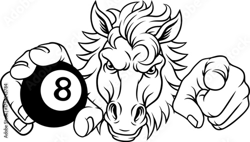 Horse mustang bronco stallion angry pool billiards sports team mascot holding a ball.