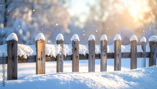 Snow-covered wooden fence glistens in sunlight, surrounded by a serene winter landscape with soft snowfall