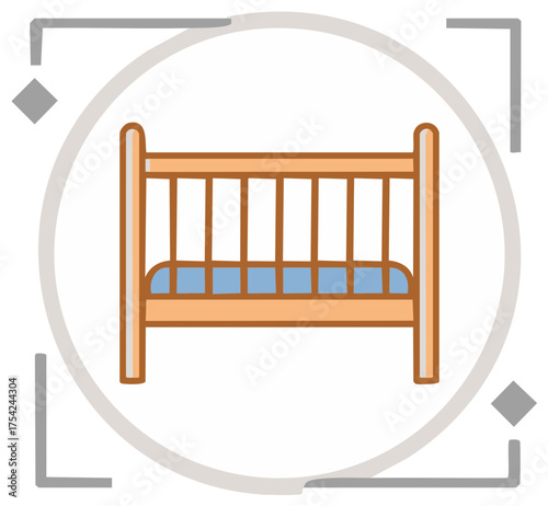 Simple wooden baby crib with blue mattress and guardrails for infant sleep