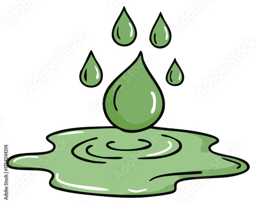 Green liquid drops falling in puddle with ripples and splashes stylized cartoon illustration
