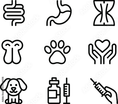 Medical and Veterinary Icons Collection Representing Health, Care, and Treatment with Anatomical Symbols, Pet Paw, Heart, and Vaccination Elements for Healthcare and Animal Welfare