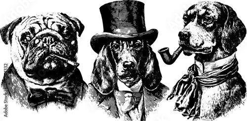 Vintage dog illustration featuring a pug, beagle, and a stylish dog with a hat and pipe. This classic set of hand-drawn vector artwork showcases elegant animals.