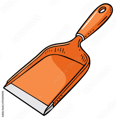 Orange dustpan illustration on a white background. Cleaning tool cartoon