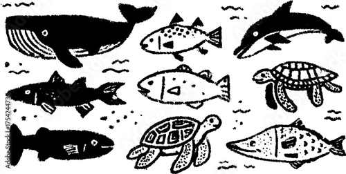 Silhouettes of fish, whale, turtle, and dolphin in a hand-drawn style. Black outline vector illustration set depicting marine life.