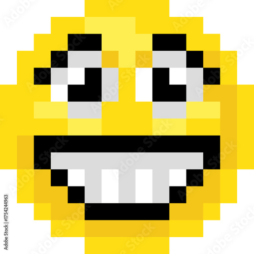 Retro pixel art emoji emoticon with a big toothy grin and wide eyes. Fun 8 bit digital icon full of cheerful energy, perfect for chat apps, stickers, games, or nostalgic computer art collections.