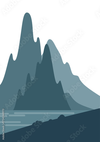 Minimalist smooth mountain landscape with lake or water body. Flat style tranquil nature scenery. Simple illustration for travel or outdoor design.