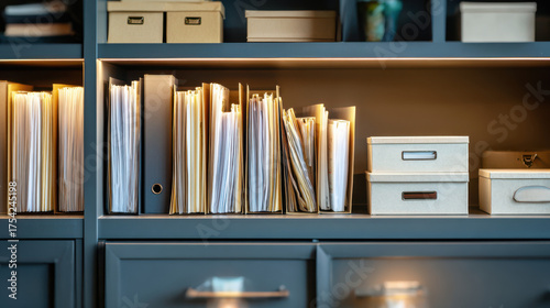 Organizing files and storage boxes on illuminated wooden shelves in a tidy office setting. 