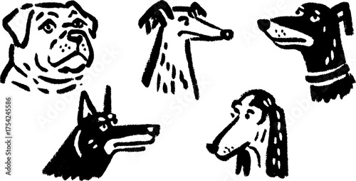 Illustration of various dog breeds in a simple black and white style. A set of vector sketches featuring different dog head designs.