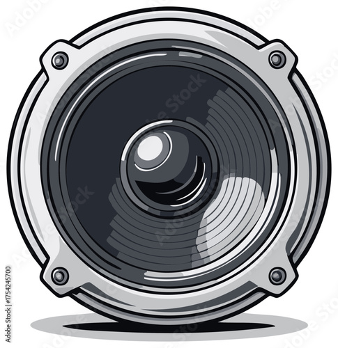 Vector illustration of a single audio speaker, with a metal frame, emphasizing sound technology and audio equipment