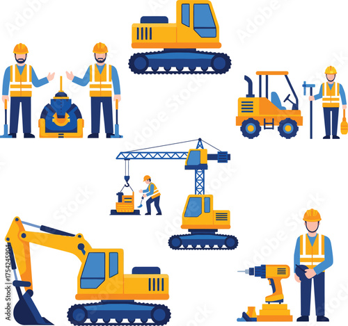 Heavy machinery and construction workers flat vector set